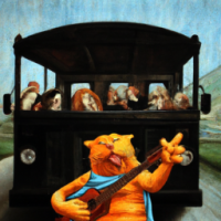 Garfield driving a school bus in a rock concert, Painting by Leonardo Da Vinci