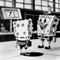 SpongeBob SquarePants talking to a mouse in an airport, 1960s Cartoon